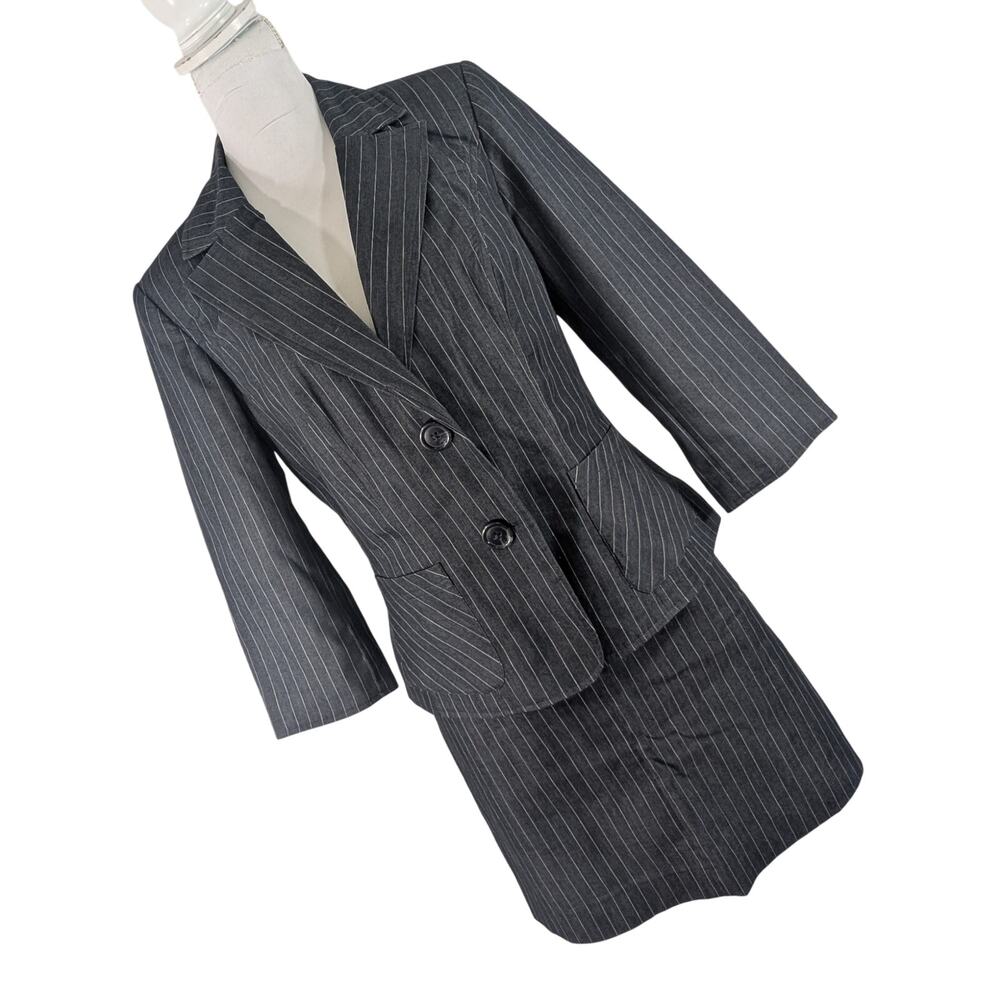 WILLI SMITH! BLACK, WHITE PINSTRIPES, COTTON+ 2 PC SKIRT, BLAZER SUIT! SZ 12, 10